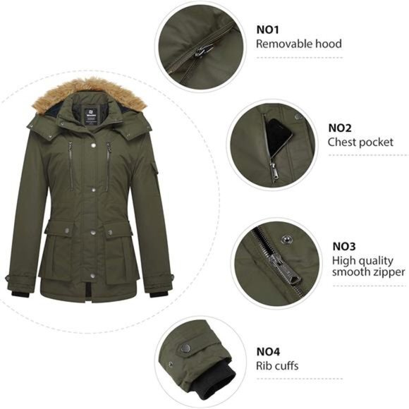 Women's Quilted Winter Coat Warm Puffer Jacket Thicken Parka with Removable Hood - Picture 2 of 6